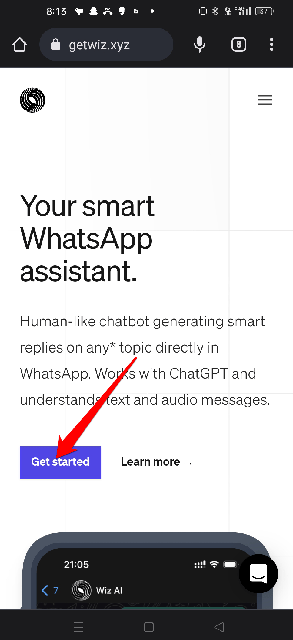 How to Use ChatGPT in WhatsApp? 7 click on the "Get Started" button.