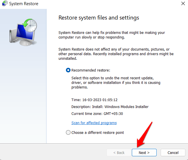 Choose the restore point you want