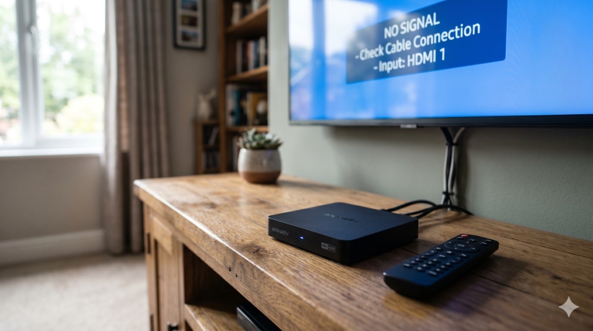 Android TV streaming box resting on a wooden media console below a television
