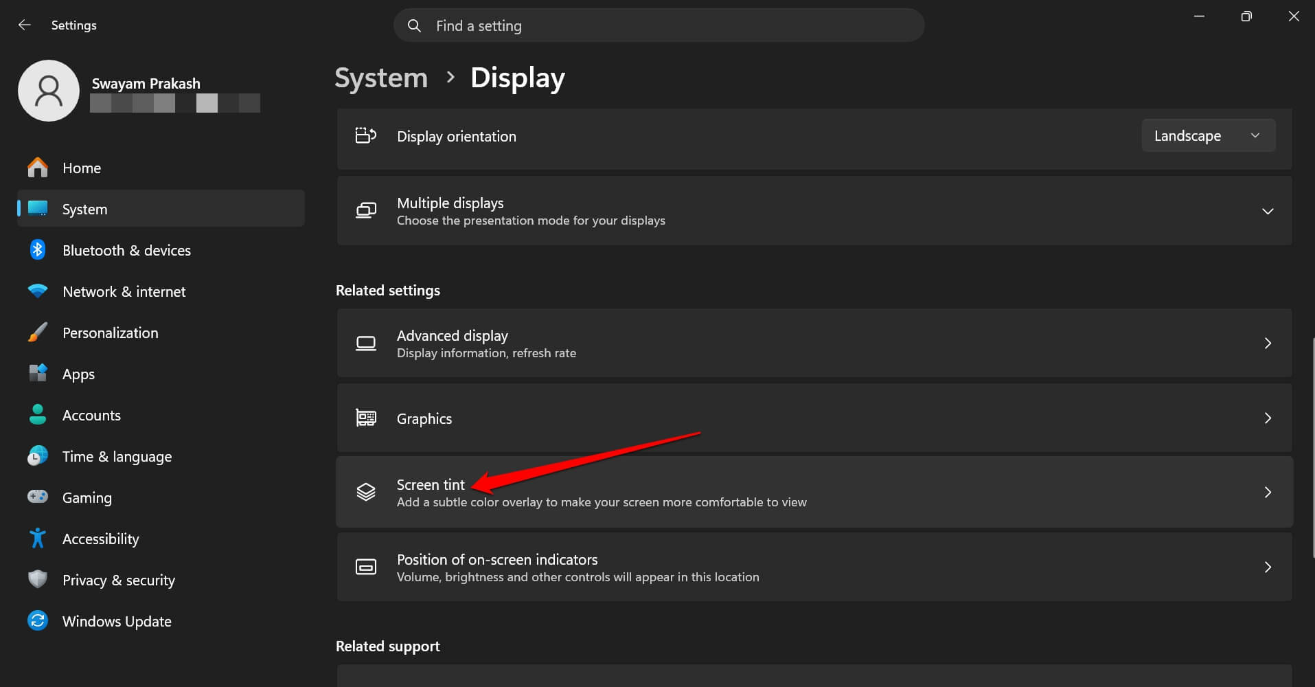 Windows 11 screen tint experimental feature