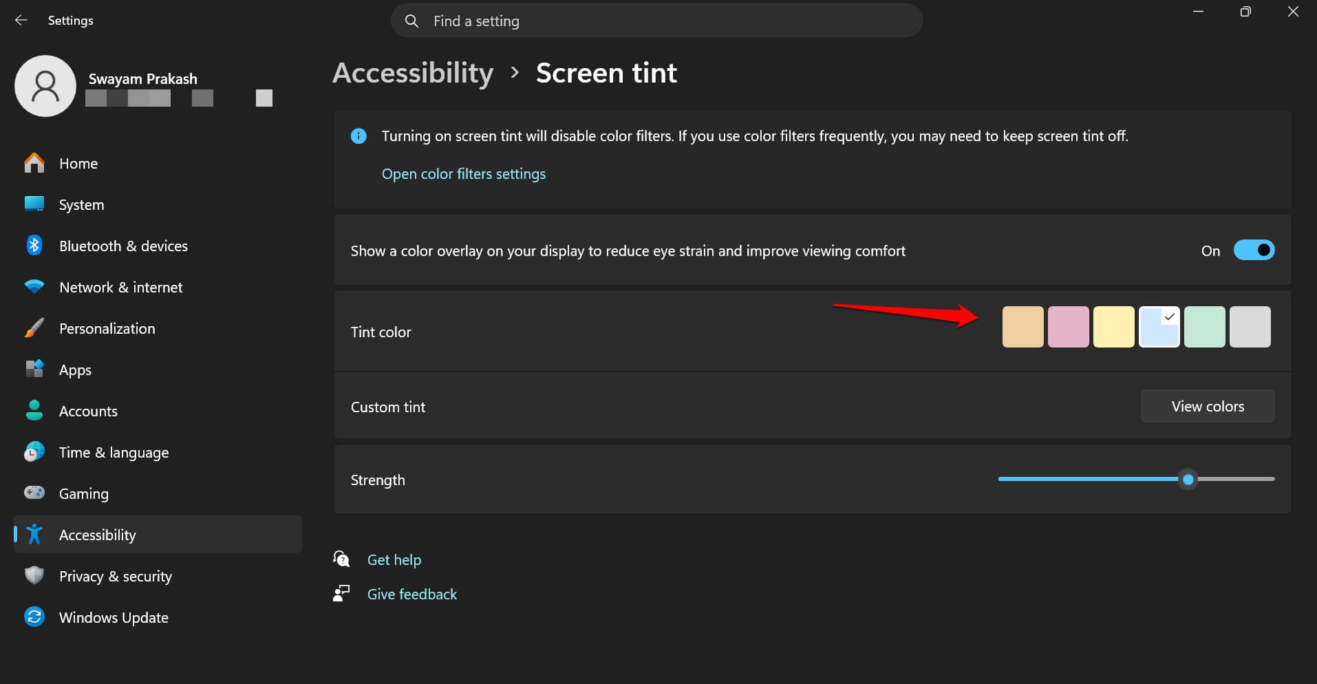 different tint color in screen tint windows 11