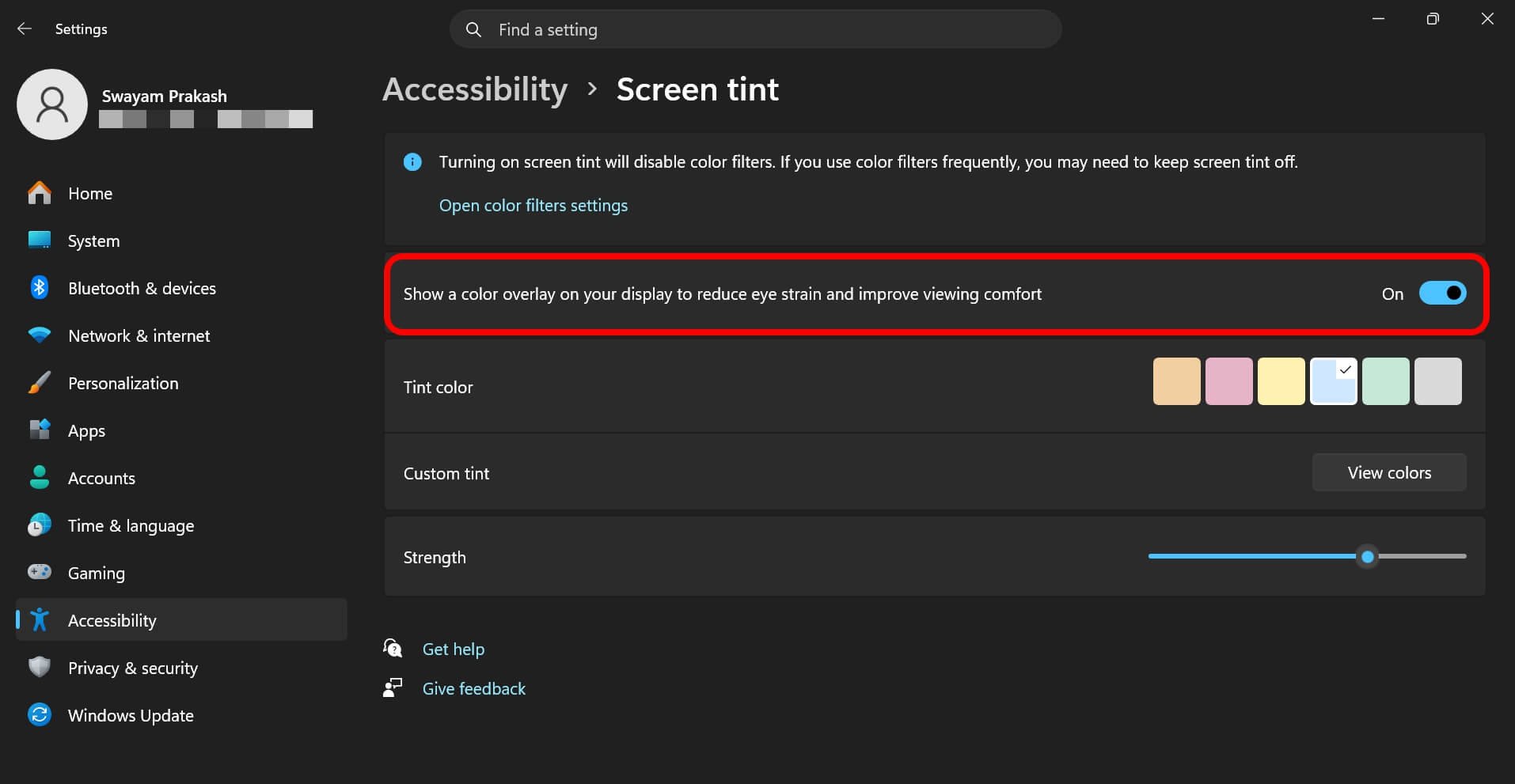 how to enable screen tint on windows 11