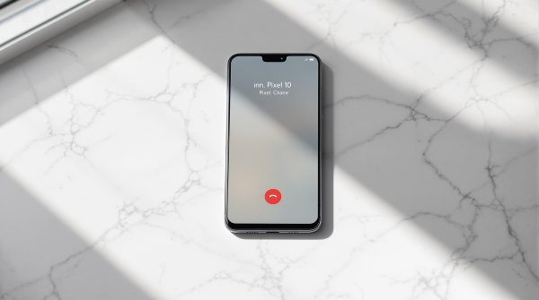 A Google Pixel 10 smartphone resting face-up on a smooth light grey marble surface, incoming phone call screen visible with a bank name displayed and a verified checkmark indicator, 45-degree angle, 50mm lens, shallow depth of field, soft natural window light from the left, long diffused shadows across the marble surface, realistic screen reflections, no hands, no people, no overlaid icons or text, no watermark, sharp focus, photorealistic, 16:9