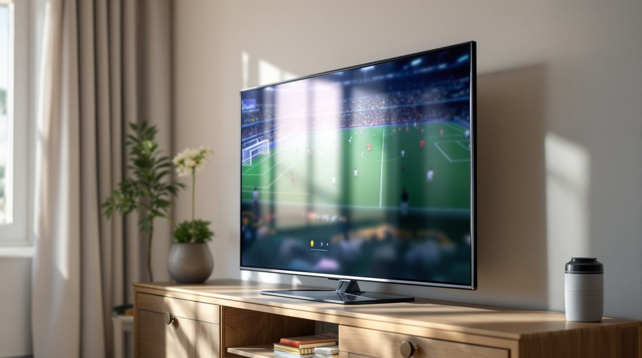 The free football streaming sites that are still standing 1 A Samsung smart TV resting on a wooden media console in a living room, screen displaying a football match streaming app i
