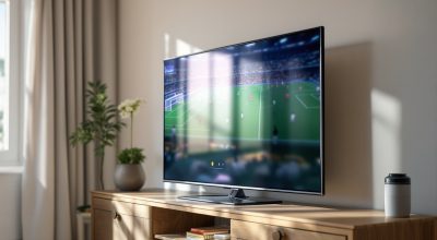 A Samsung smart TV resting on a wooden media console in a living room, screen displaying a football match streaming app i