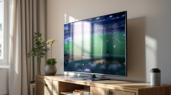 A Samsung smart TV resting on a wooden media console in a living room, screen displaying a football match streaming app i