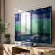 A Samsung smart TV resting on a wooden media console in a living room, screen displaying a football match streaming app i