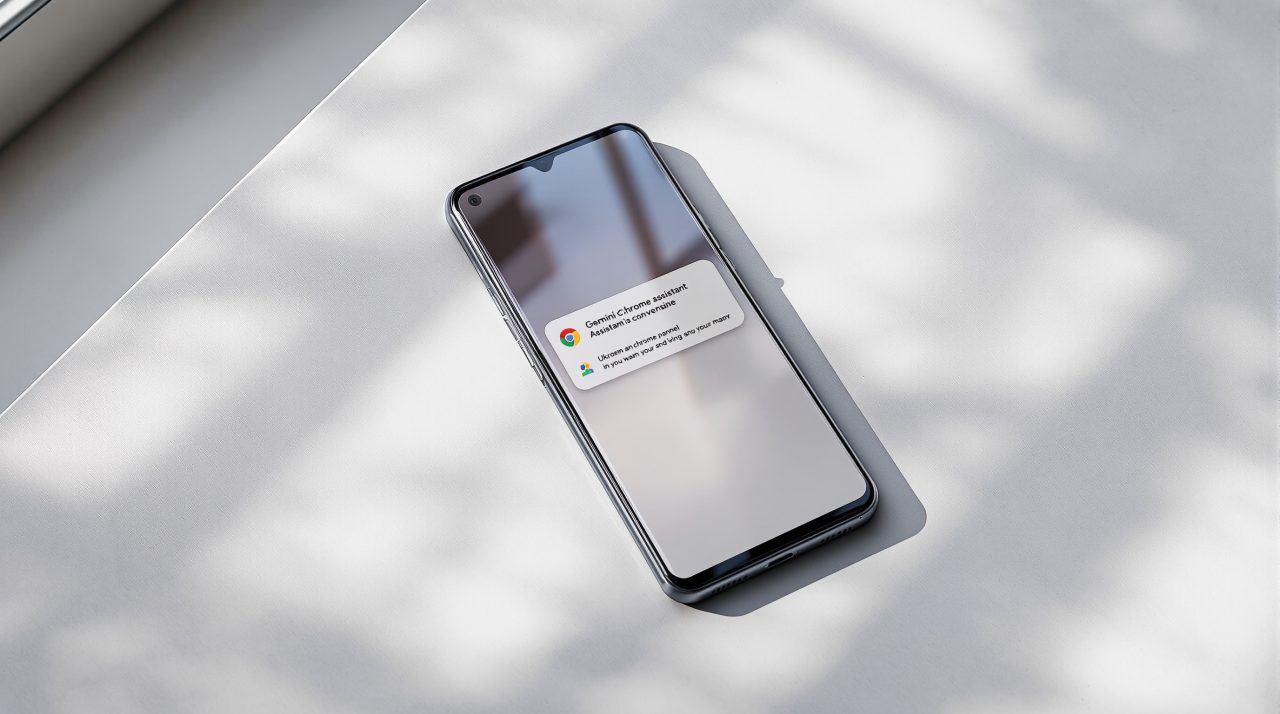 A Google Pixel 9 smartphone resting face-up on a smooth light grey stone surface, Gemini Chrome assistant panel visible on the screen with a conversation interface, 45-degree angle, 50mm lens, shallow depth of field, soft natural window light from the left, long diffused shadows across the stone surface, realistic screen reflections, no hands, no people, no overlaid text, no watermark, sharp focus, photorealistic, 16:9