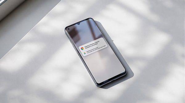 A Google Pixel 9 smartphone resting face-up on a smooth light grey stone surface, Gemini Chrome assistant panel visible on the screen with a conversation interface, 45-degree angle, 50mm lens, shallow depth of field, soft natural window light from the left, long diffused shadows across the stone surface, realistic screen reflections, no hands, no people, no overlaid text, no watermark, sharp focus, photorealistic, 16:9