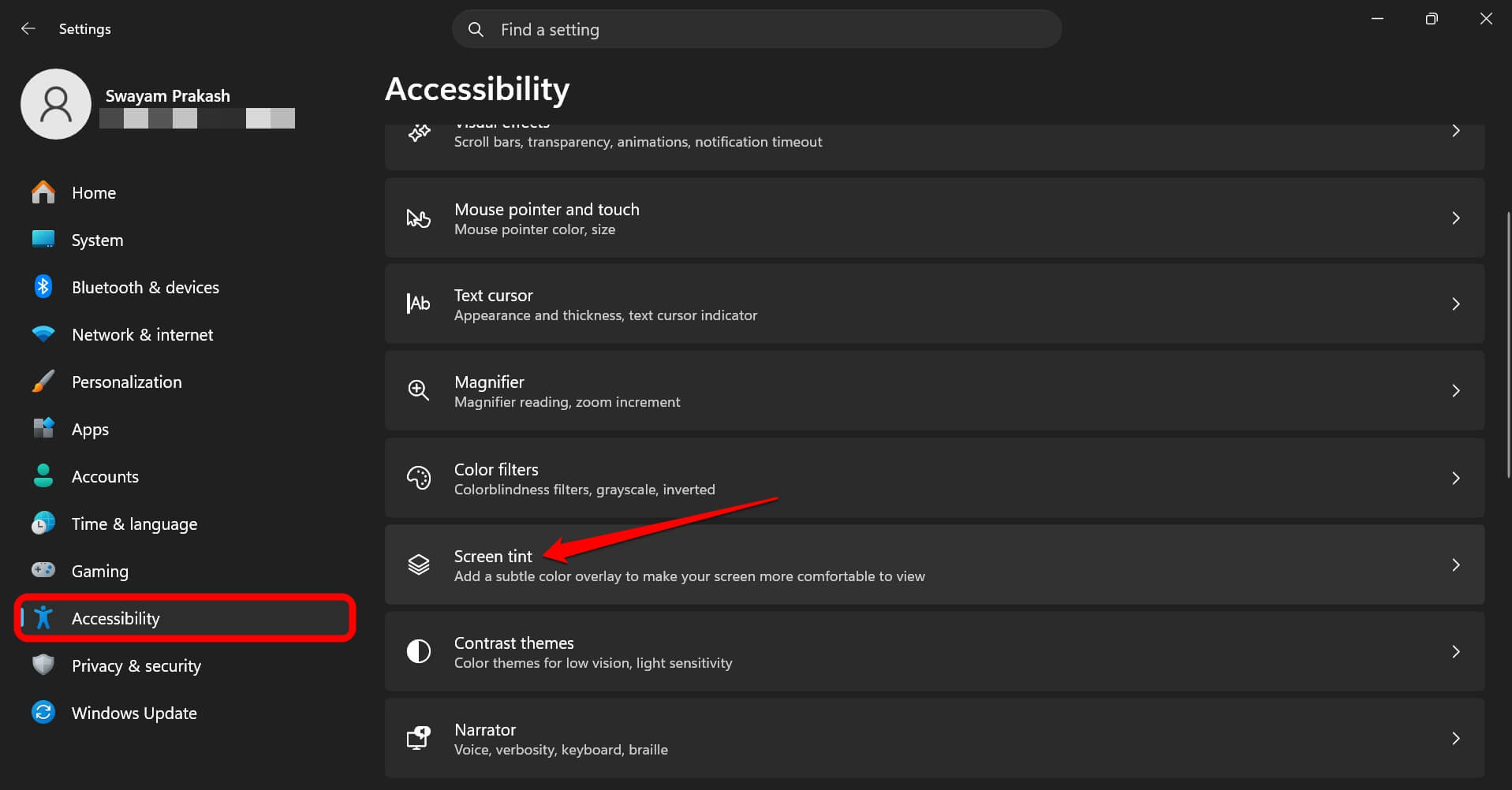 screen tint feature under Windows 11 accessibility