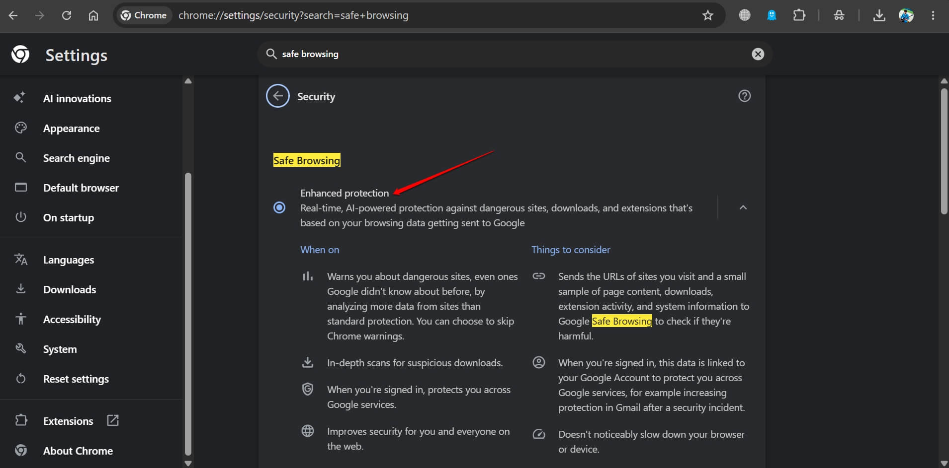 set enhanced protection on Chrome for safe browsing