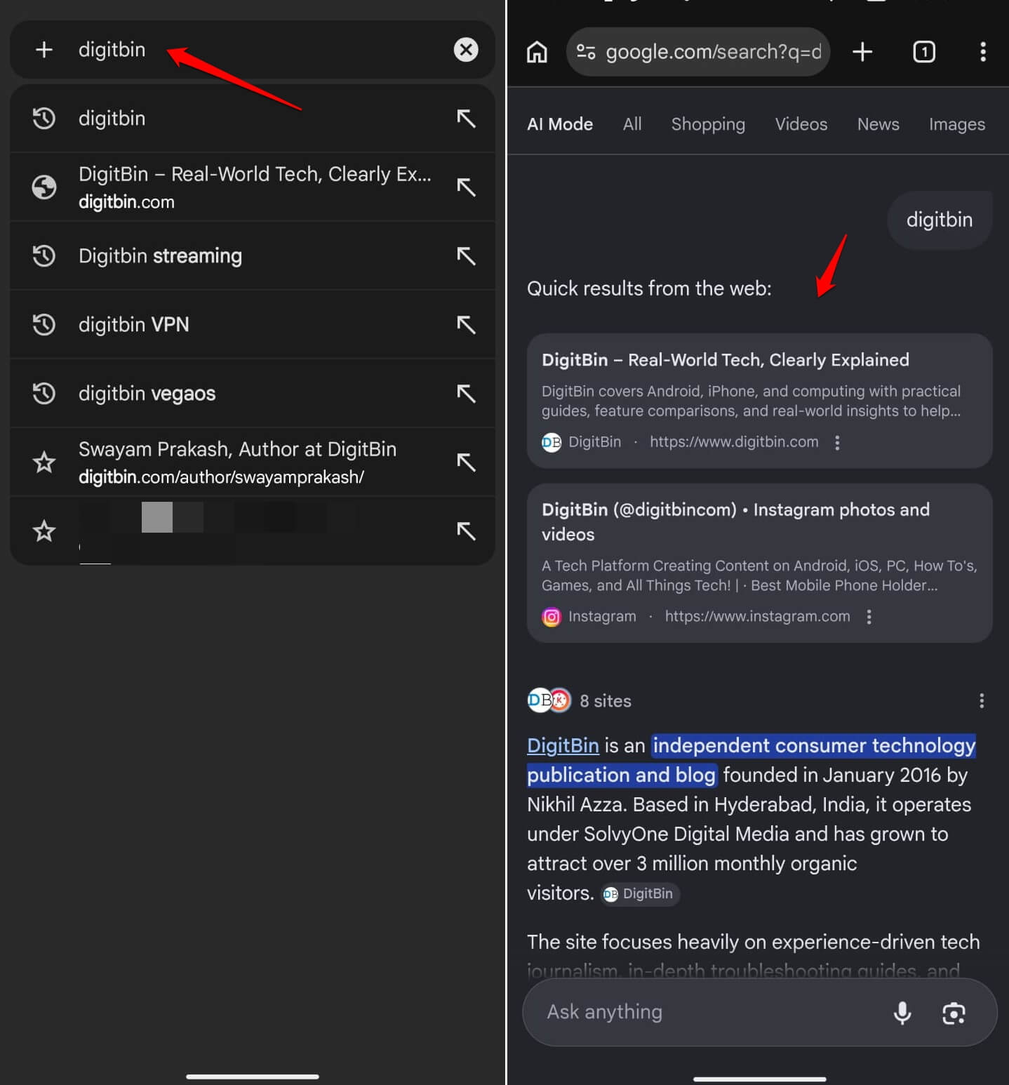 testing AI mode on Chrome Canary android