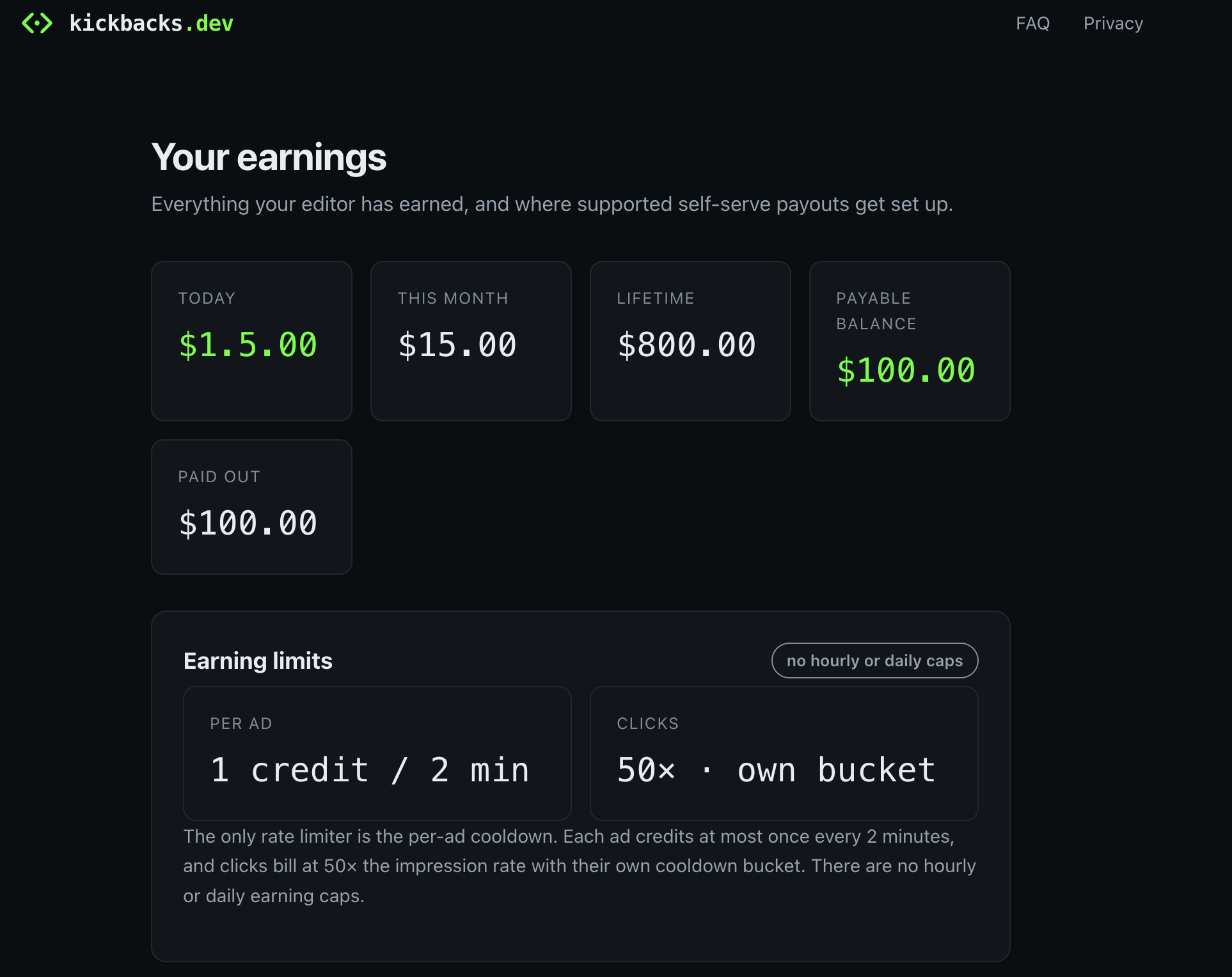 Kickbacks dashboard