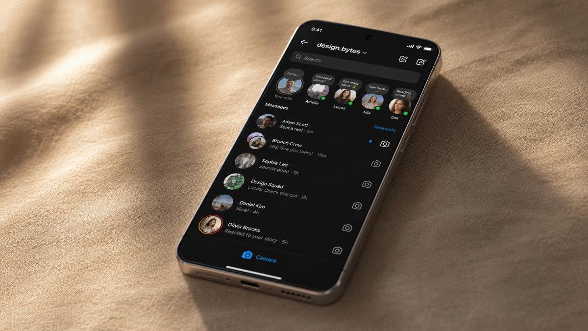 Samsung Galaxy S25 resting on a warm beige linen surface at a 45 degree angle, screen displaying the Instagram DM inbox