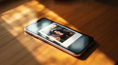 An iPhone 17 resting on a warm wooden desk surface, screen displaying a grainy vintage-style Polaroid selfie with a white border and soft light leak, shot at a 45-degree angle using a 50mm lens, soft natural window light from the left casting long diffused shadows, realistic glass reflections on the screen, shallow depth of field, no hands, no people, no watermark, photorealistic, 16:9