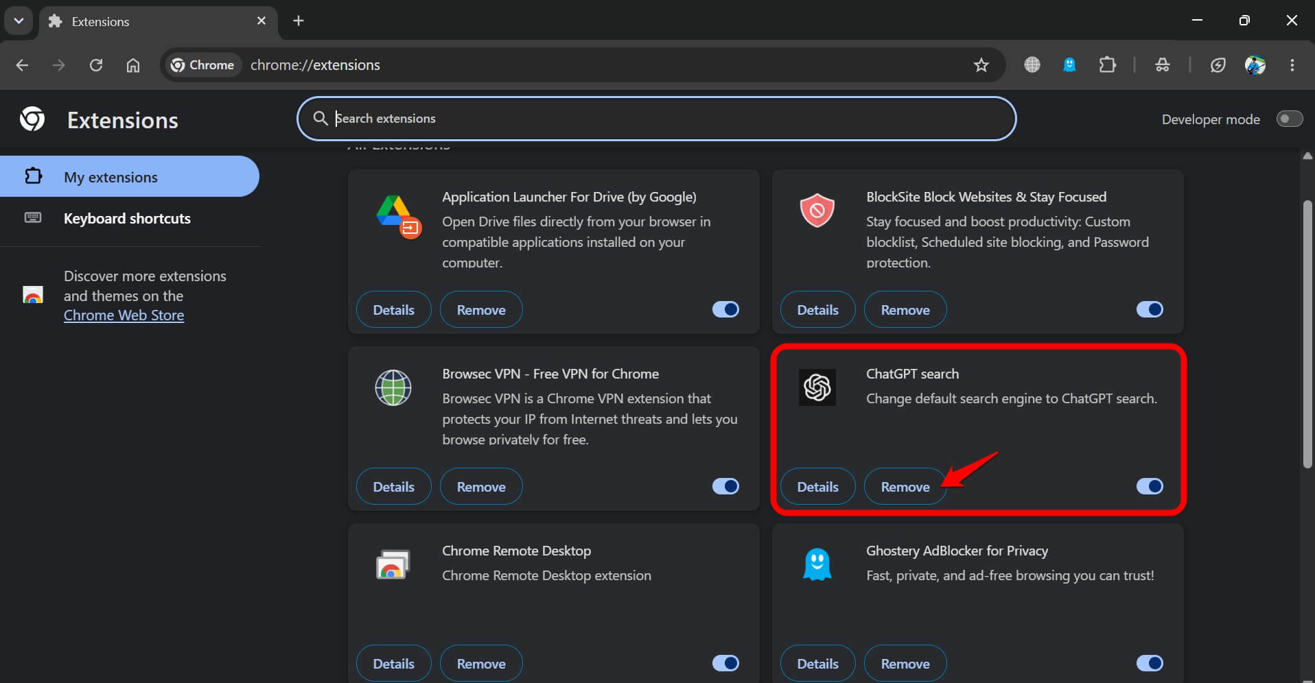 I used the ChatGPT Chrome extension as my default search and went back to Google 9 remove chatgpt chrome extension