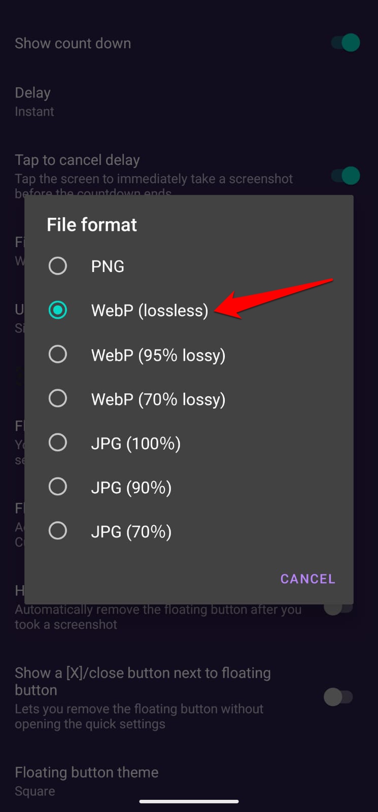 I replaced my phone's screenshot button with this app and forgot to switch back 6 select file type of screenshot captured