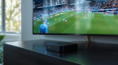 Android TV streaming box resting on a matte dark wooden surface below a flat-screen television displaying a football match broadcast, red warning icon subtly visible on screen edge, shot at 45-degree angle using a 50mm lens, soft natural window light from the left, realistic surface reflections, no hands, no people, no text watermarks, photorealistic, 16:9