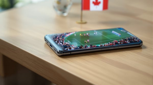 Samsung Galaxy S25 resting on a light maple wood desk surface, screen displaying a live football match broadcast with stadium crowds visible, Canadian flag visible softly out of focus in the background, shot at 45-degree angle using a 50mm lens, soft natural window light from the left, realistic glass reflections, no hands, no people, no text on screen, photorealistic, 16:9