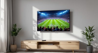 How to watch the FIFA World Cup Final free on a smart TV? A Samsung smart TV mounted on a light grey living room wall, screen displaying a live football match broadcast with a stadium crowd visible, a small streaming remote resting on a wooden console below, shot at a 45-degree angle using a 50mm lens, soft natural window light from the left casting long diffused shadows, realistic screen reflections, shallow depth of field, no hands, no people, no text overlays, no watermark, photorealistic, 16:9
