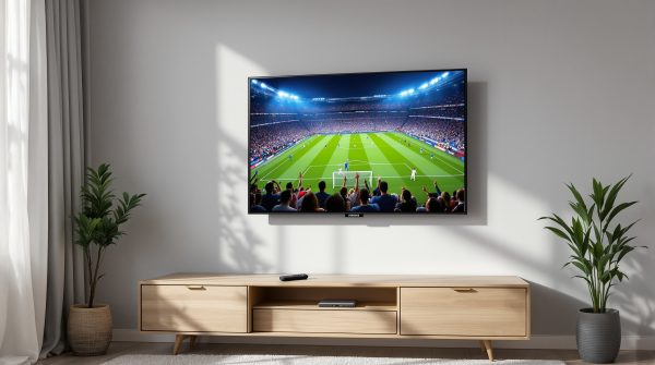 A Samsung smart TV mounted on a light grey living room wall, screen displaying a live football match broadcast with a stadium crowd visible, a small streaming remote resting on a wooden console below, shot at a 45-degree angle using a 50mm lens, soft natural window light from the left casting long diffused shadows, realistic screen reflections, shallow depth of field, no hands, no people, no text overlays, no watermark, photorealistic, 16:9