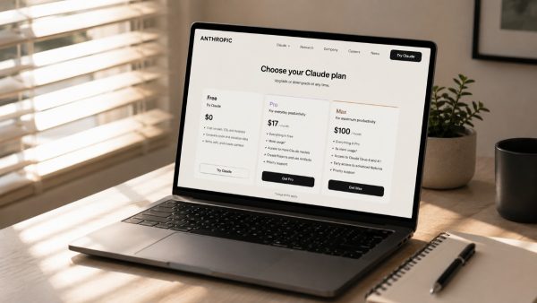 A laptop resting on a light wood desk, screen showing the Anthropic Claude pricing page