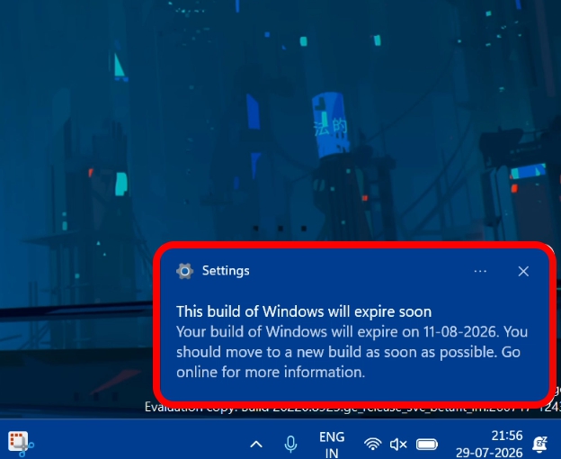 This build of Windows will expire soon notification