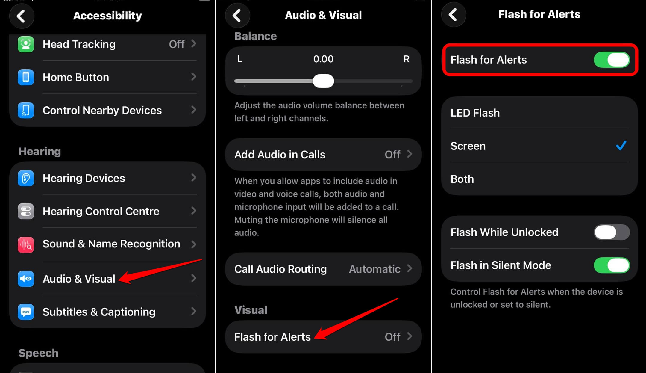 iOS flash for alerts accessibility settings