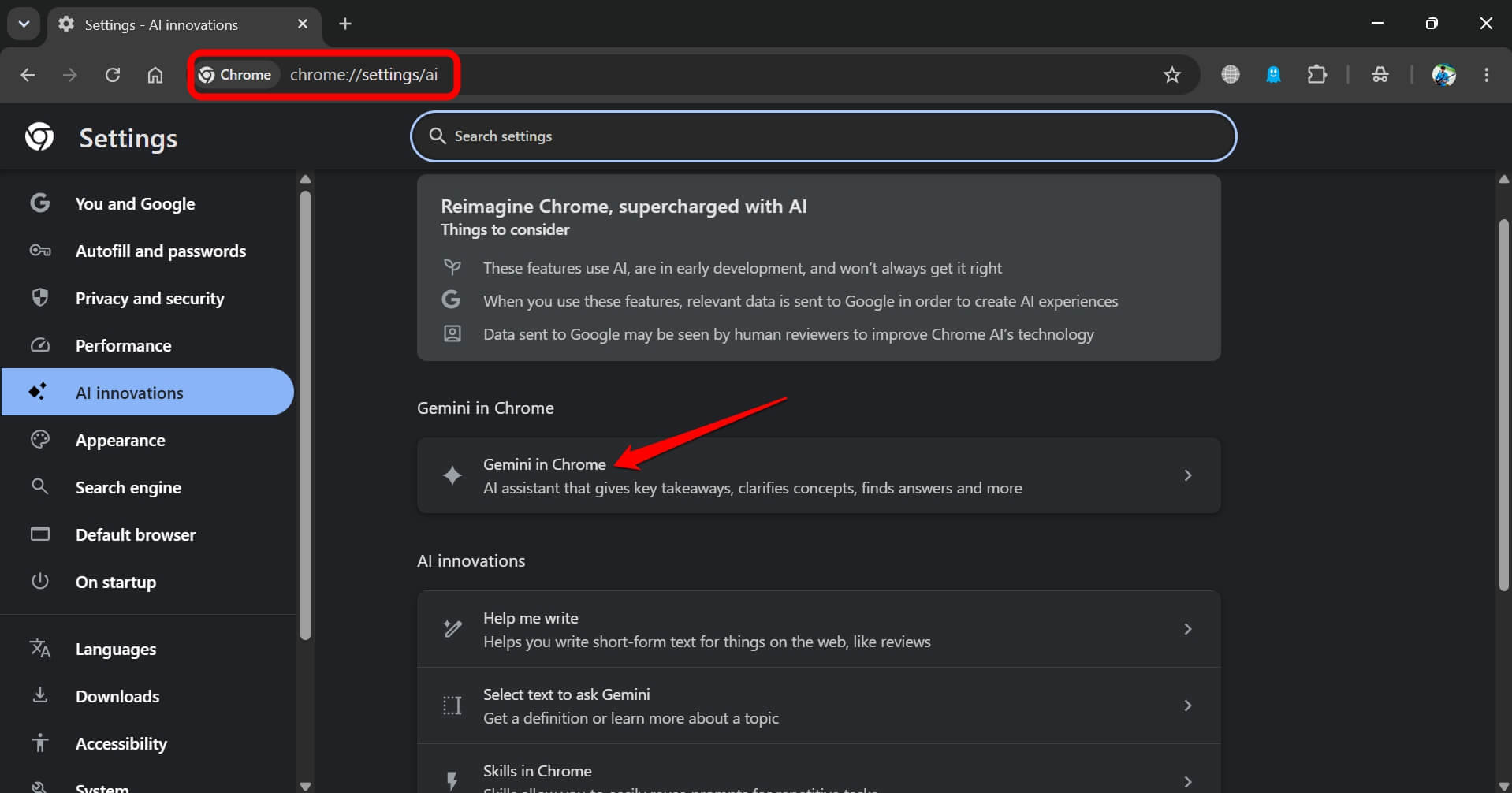 Gemini settings in Chrome