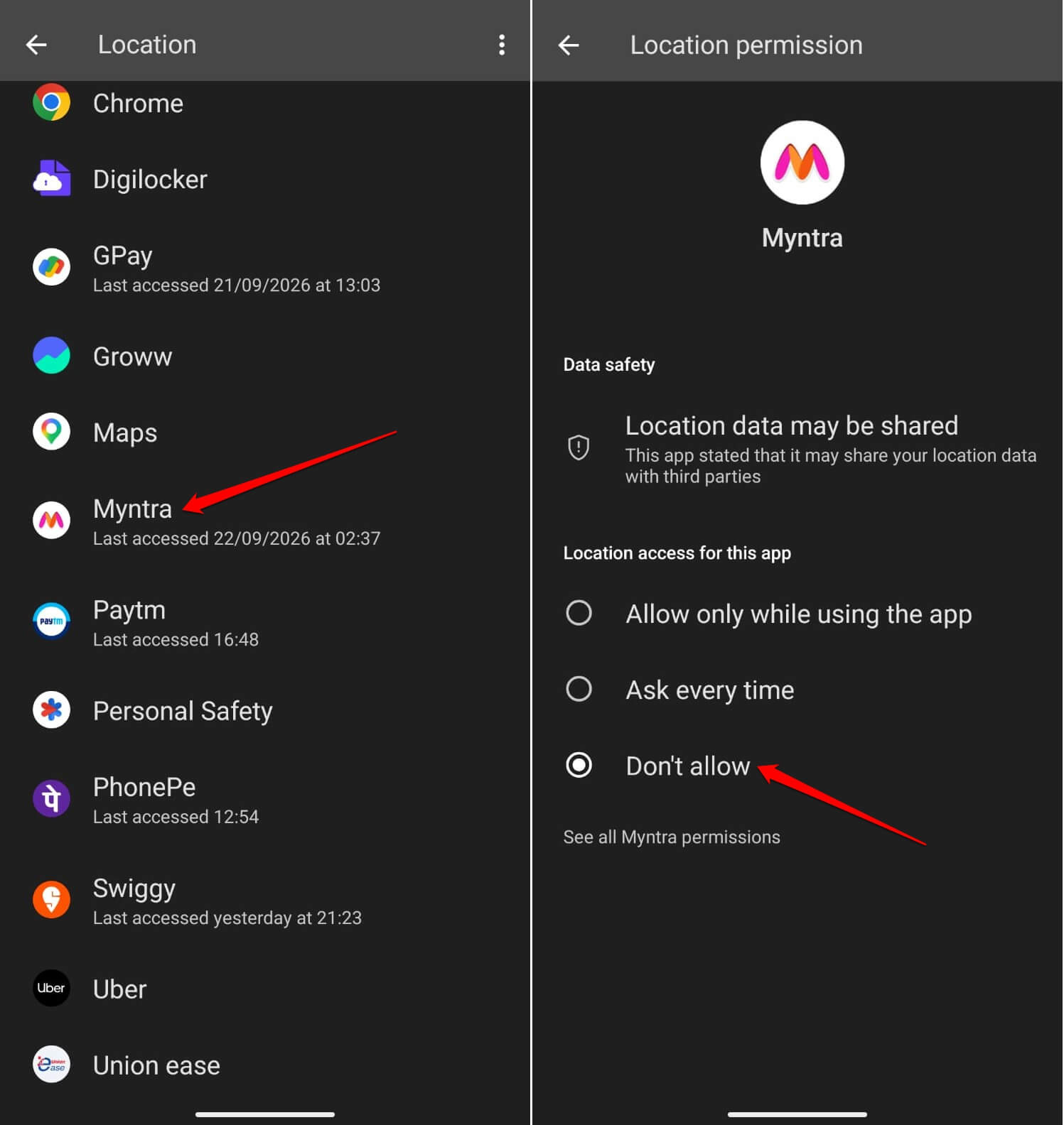 remove location access permission for apps in Android