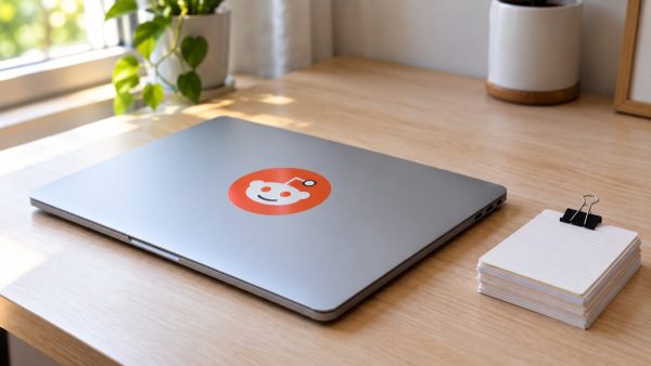 Photorealistic product photograph of a closed silver laptop on a pale wooden desk beside a stack of printed index cards