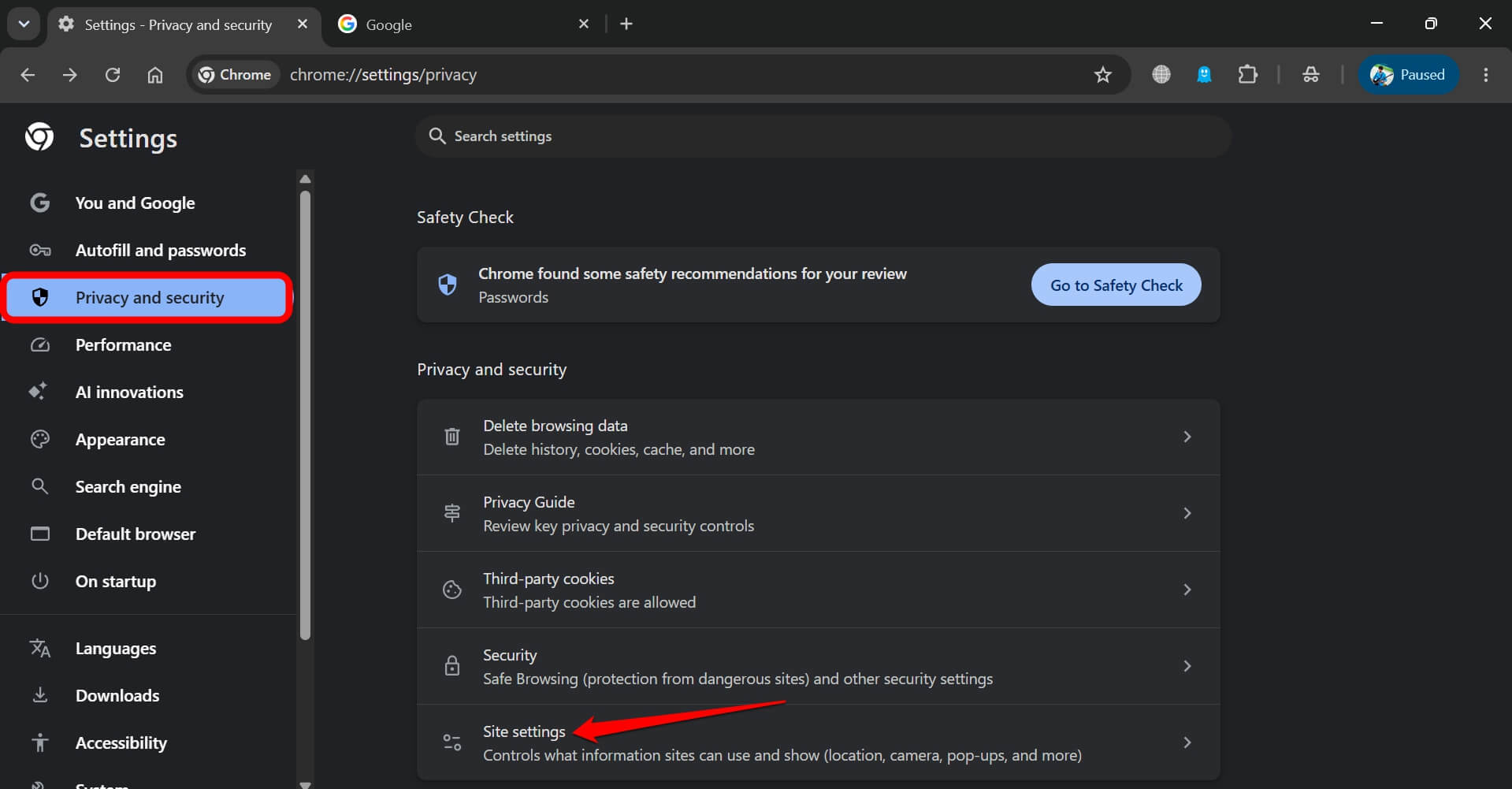 chrome site settings PC