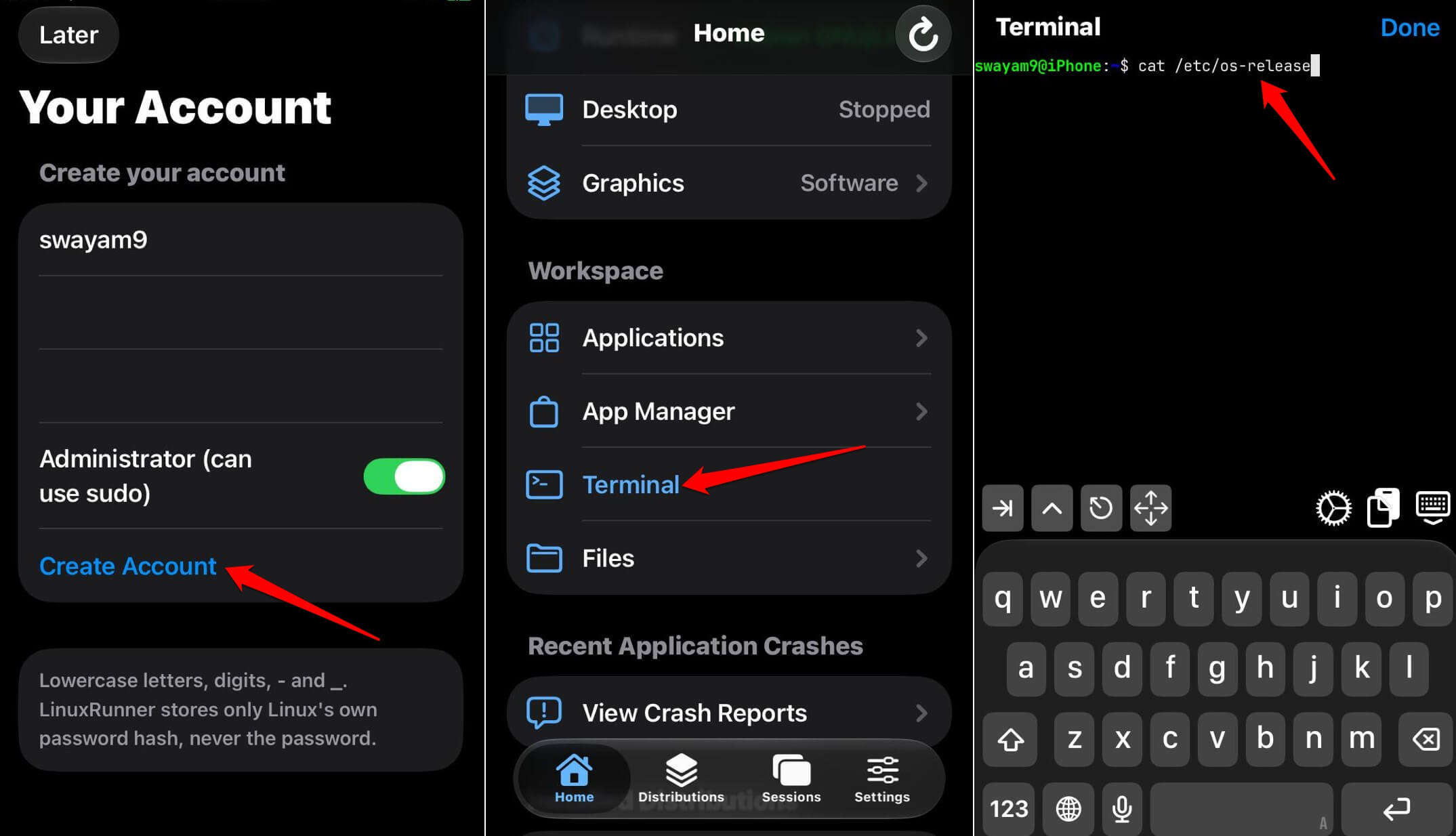 create linux admin account on iPhone