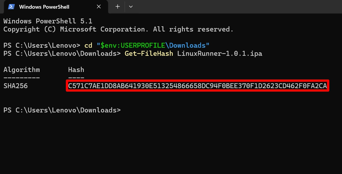 get filehash of IPA file on Windows powershell