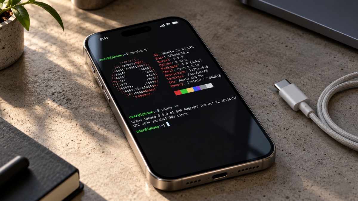 iPhone Running Ubuntu Terminal on Concrete Desk