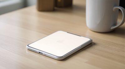 Apple iPhone Duo in star white, partly unfolded at about 120 degrees, resting on a light oak desk next to a ceramic mug, inner display lit and showing a generic home screen with a faint vertical line near the center fold and no legible text, 45-degree angle, 50mm lens, shallow depth of field, soft natural window light from the left with long diffused shadows, matte wood grain texture and subtle glass reflections, no hands, no people, no text, no watermark, sharp focus, photorealistic, 16:9