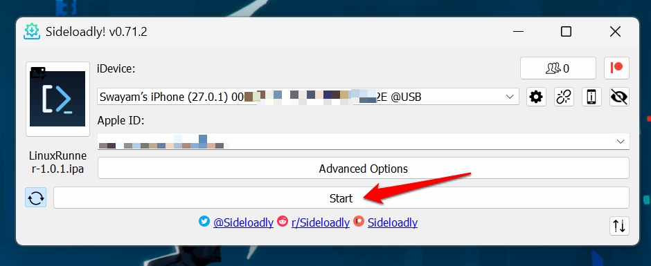 sideload Linuxrunner IPA using Sideloadly