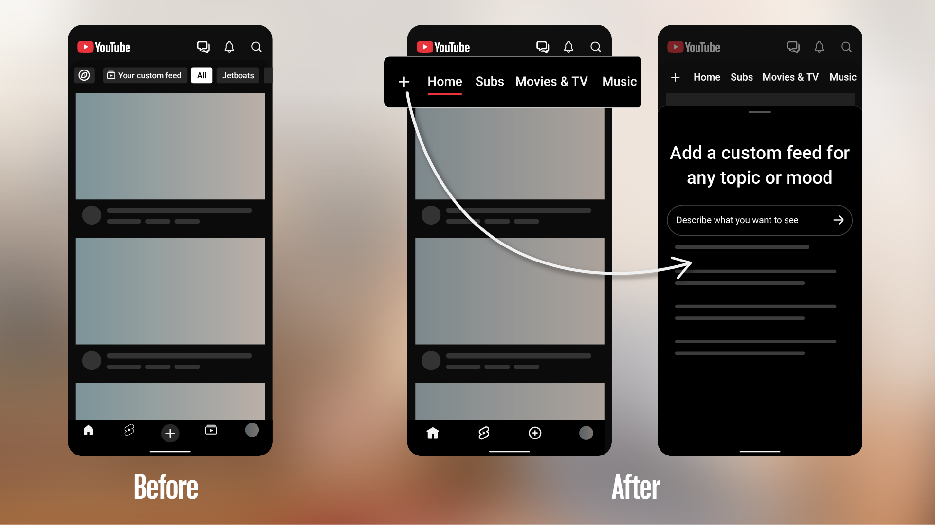 YouTube's Subscriptions tab is now Subs, and custom feeds let you describe what to watch 3 YouTube layout change 2