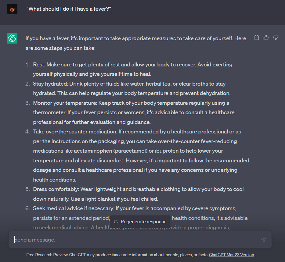 10 Best ChatGPT Prompts on GitHub 4 Reply on asking what to do if I have a fever.