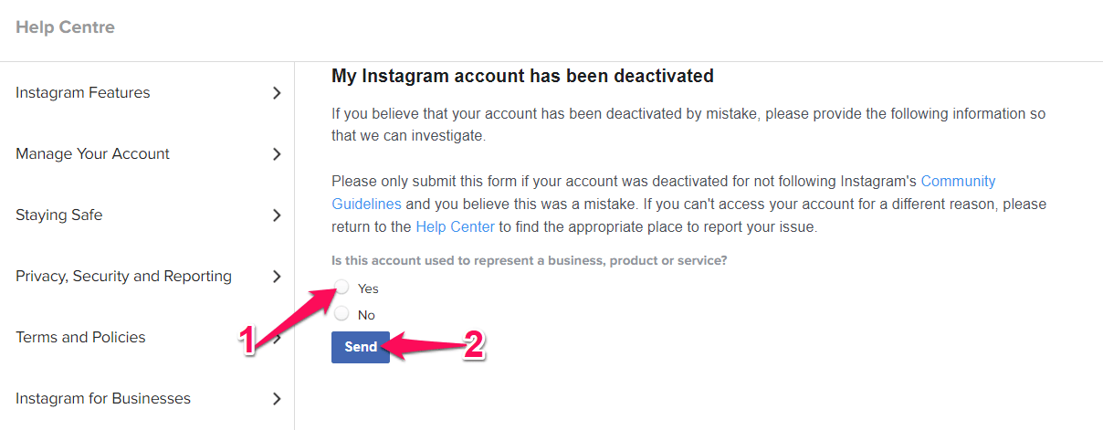 How to Fix 'Your account has been Disabled for Violating Our Terms' on Instagram? 3 choose yes and send