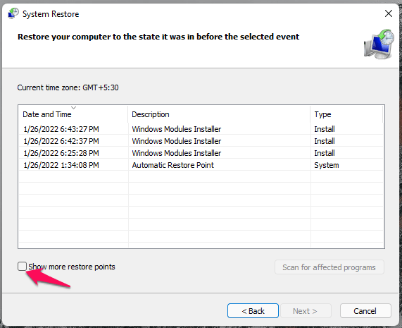 4 - Click Show More Restore Points