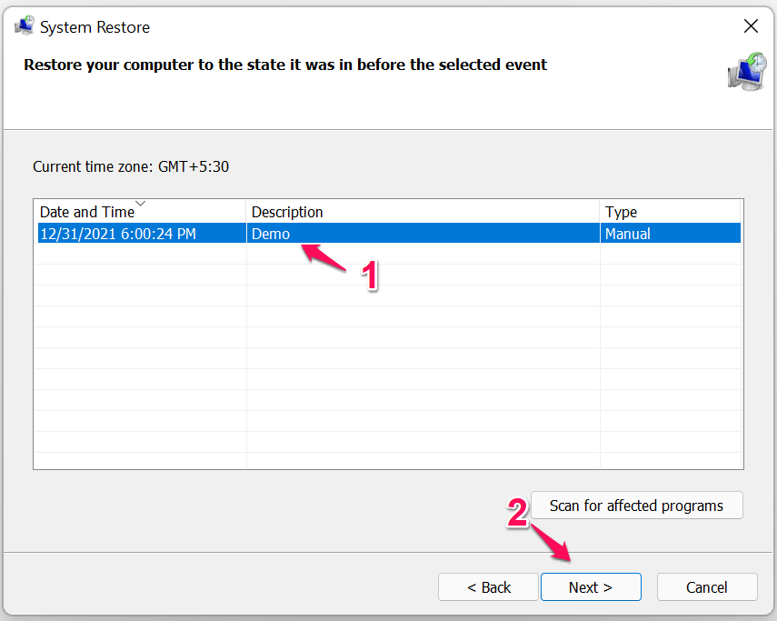 7 - Select Restore Point