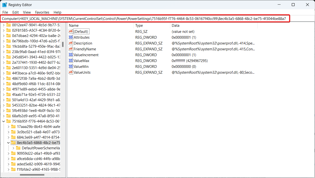 How do you Change the Screen Timeout in Windows 11 16 Access the following location in registry editor under PowerSettings folder