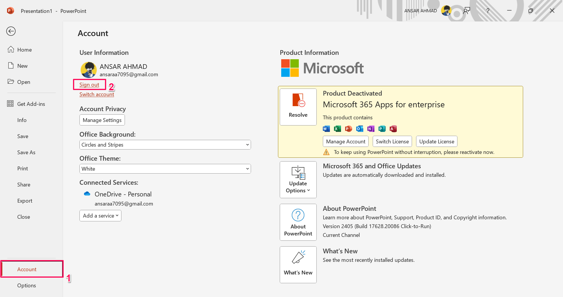 How to Fix 'An Error Occurred while PowerPoint was Saving the File' 19 Click on Accounts and choose Sign Out