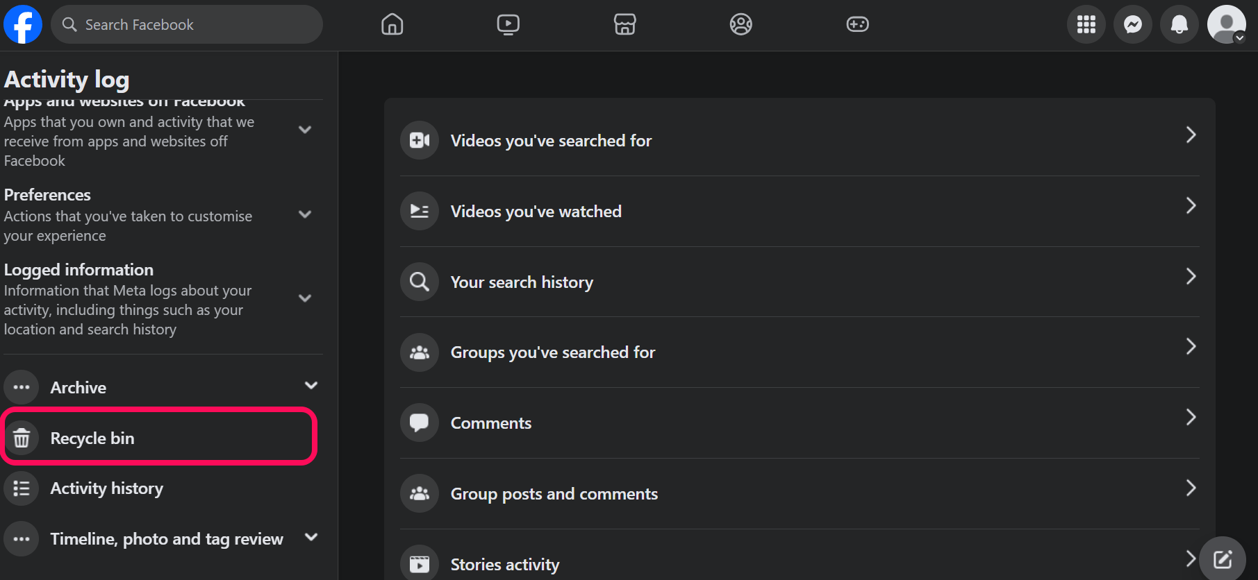 How to Recover a Deleted Post on Facebook 9 Click on Recycle Bin option on the left side