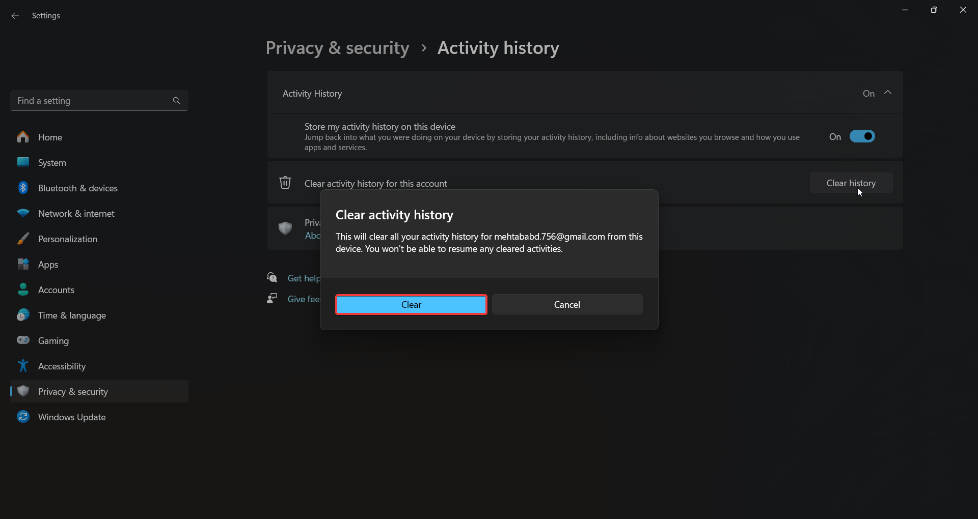 How to Disable Store Activity History in Windows 11 6 confirm clear Activity History