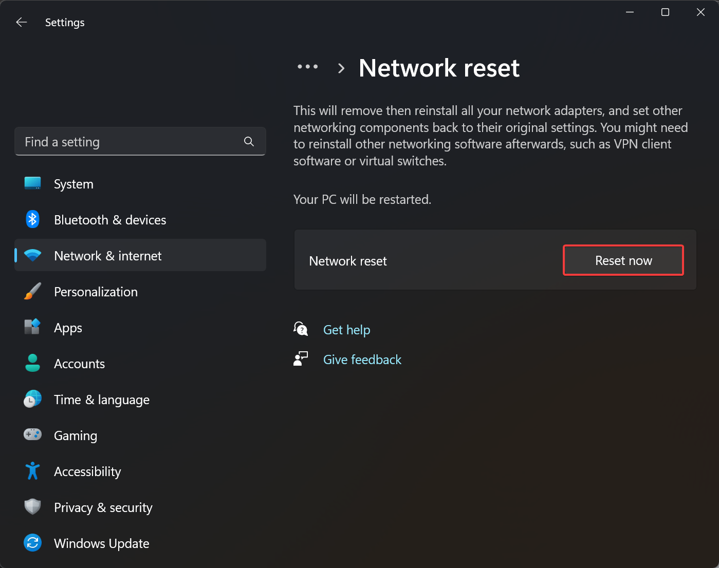 How to Fix No Wi-Fi Toggle in Action Center on Windows 11 19 click on Reset now