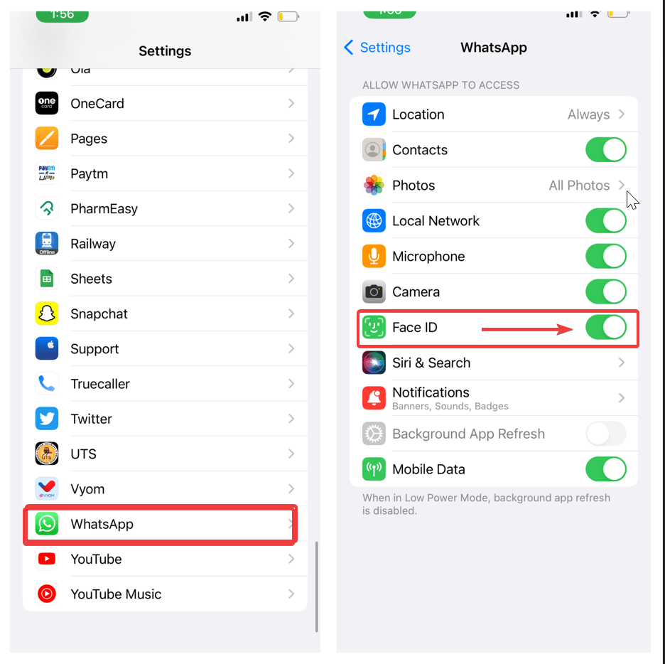 iPhone Settings, WhatsApp, here enable Face ID
