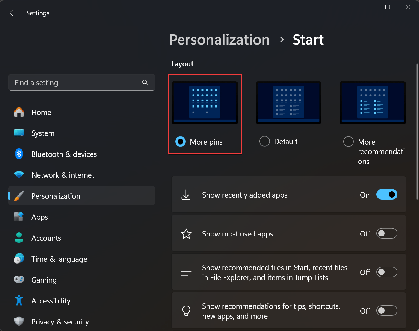 How to Turn Off Ads in Windows 11 Start Menu 3 Select More pins under Layout