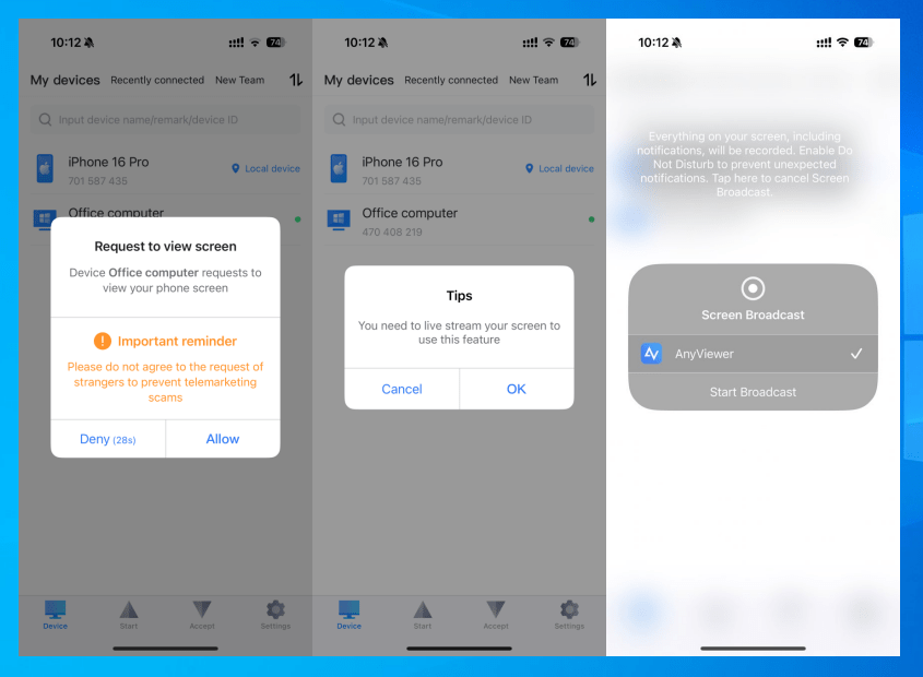How to Screen Cast iPhone to Windows 11? 7 Approve the screen sharing request on your iPhone and tap Start Broadcast